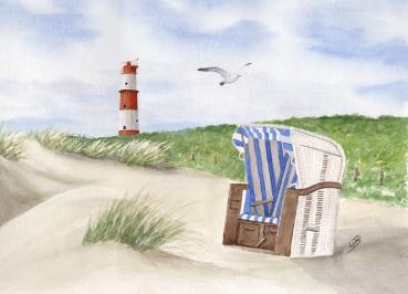 Postkarte DIN-A5 Aquarell Maritim Kunst Druck Kunstdruck Nordsee Strandkorb Leuchtturm Insel Borkum Meer Strand Dünen